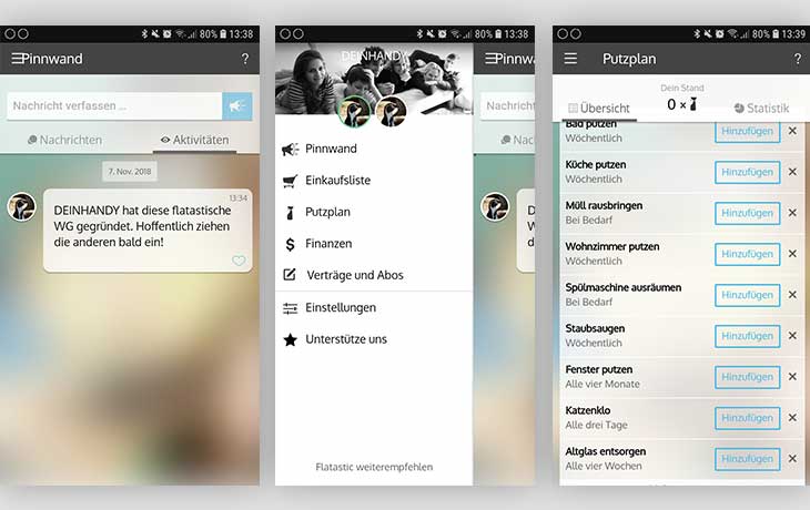 Putz-Apps: Drei Screenshots der App "Flantastic"