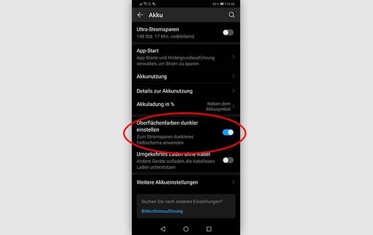 Akku sparen Android: Oberflächenfarbe