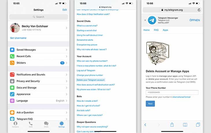 Telegram-Account löschen: Über die Telegram-App