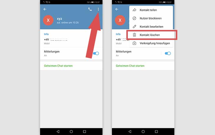 Telegram Screenshot Android Kontakt löschen