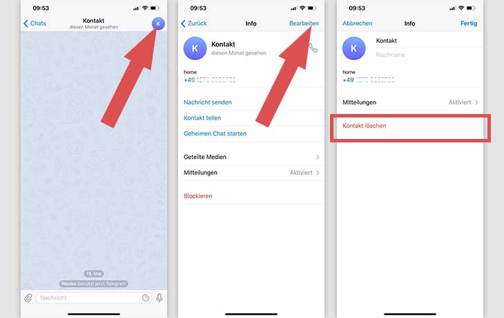 Telegram Screenshot iOS Kontakt löschen