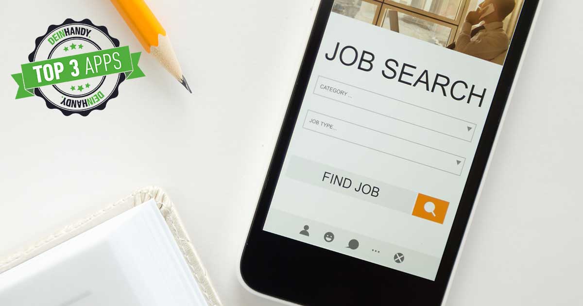 Job-App: Smartphone mit "Job Search" auf einem Tisch
